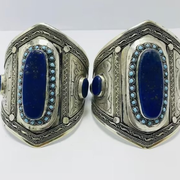 Single Vintage Afghan Cuff Bracelet: Lapis, Turquoise, Sterling Silver Tribal - Picture 4 of 12